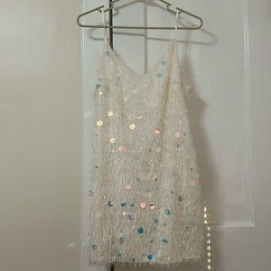 White Fringe Iridescent Sequin Sleeveless Mini Party Dress